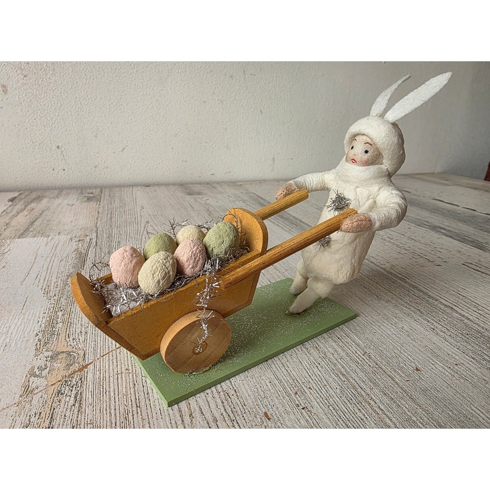 Scf Cannon falls rabbit cart Easter figurine spun glass tinsel egg spring bunny